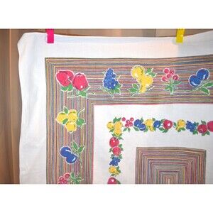 1950s Vintage Tablecloth Fresh Fruit and Stripes on White